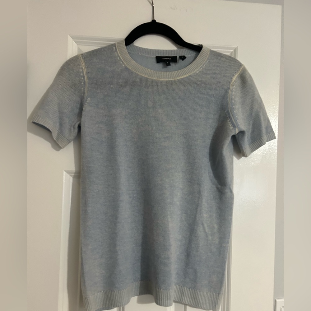 Theory Soft Blue Crew Neck Cashmere Sweater